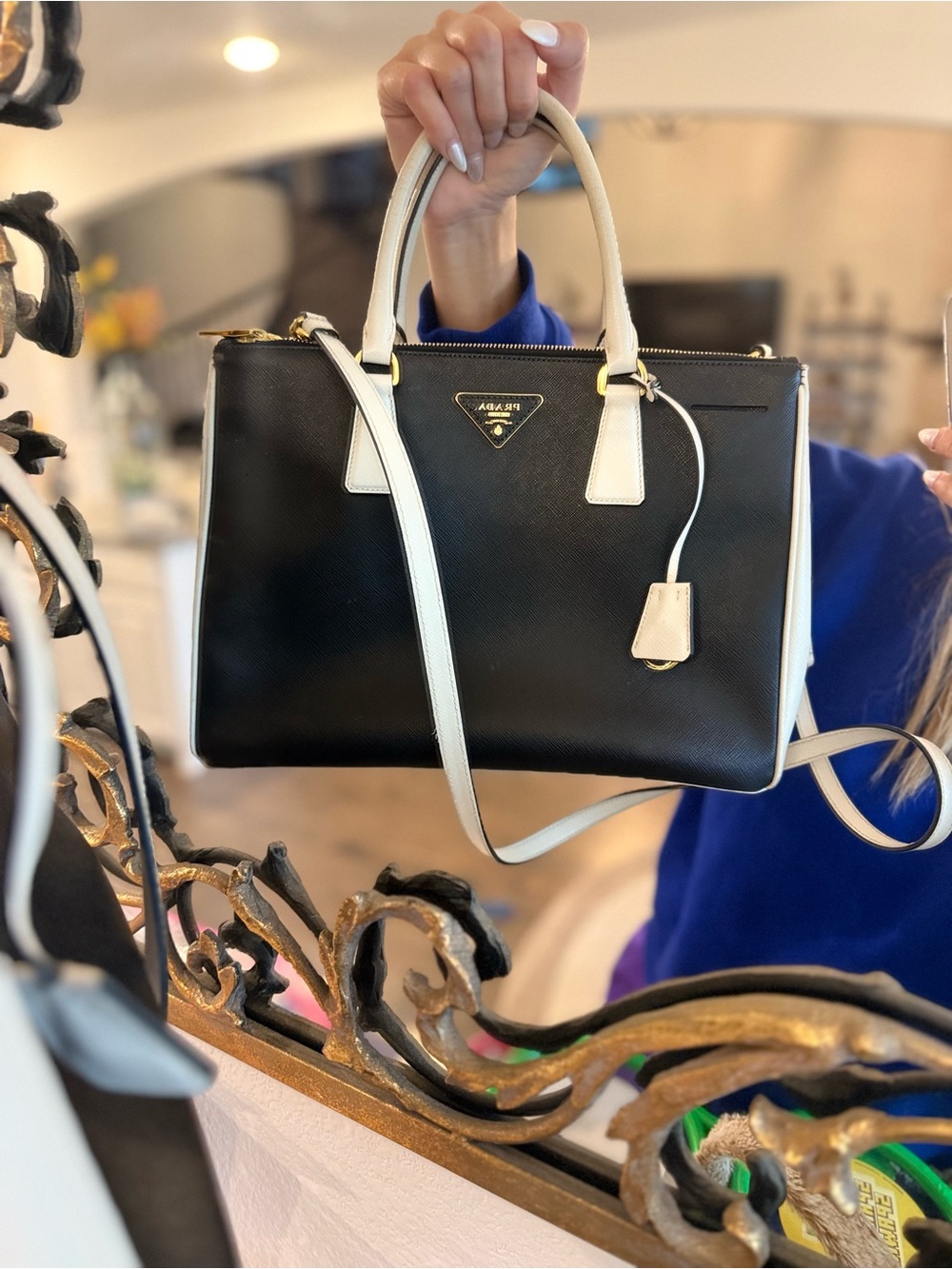 Prada Black and White Saffiano Leather Satchel with Detachable Strap